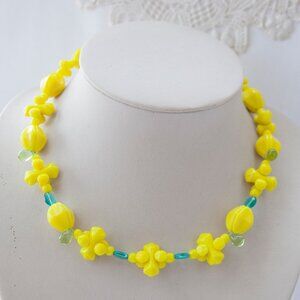 Vintage glass necklace, Yellow and Blue necklace, Swedish Jewelry Set